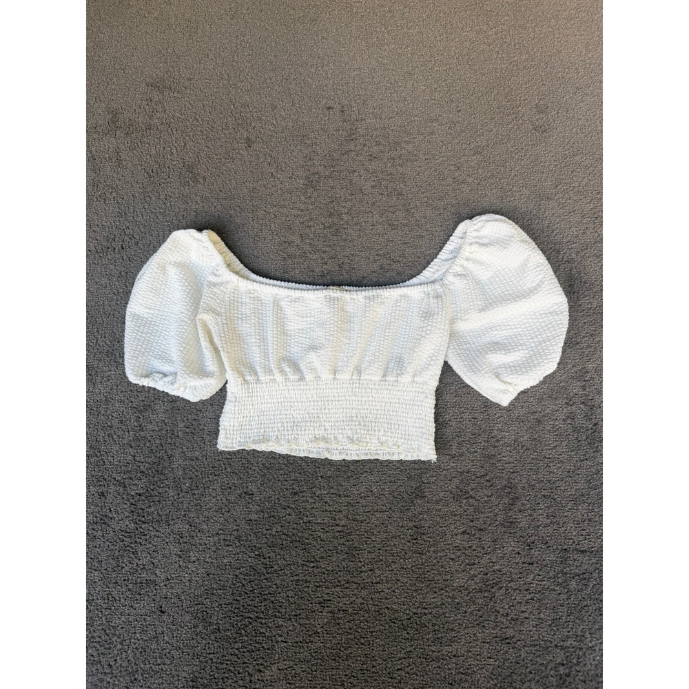 Altar'd State White Textured Puff Sleeve Smocked Crop Top Medium